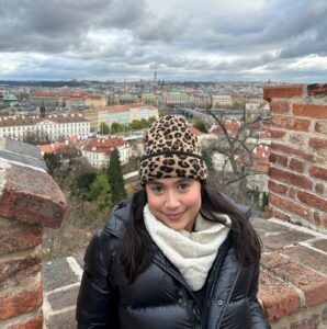 cityscape view woman happy brick wall