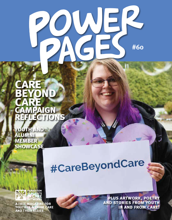 Youth smiling holding a sign that says #CareBeyondCare.